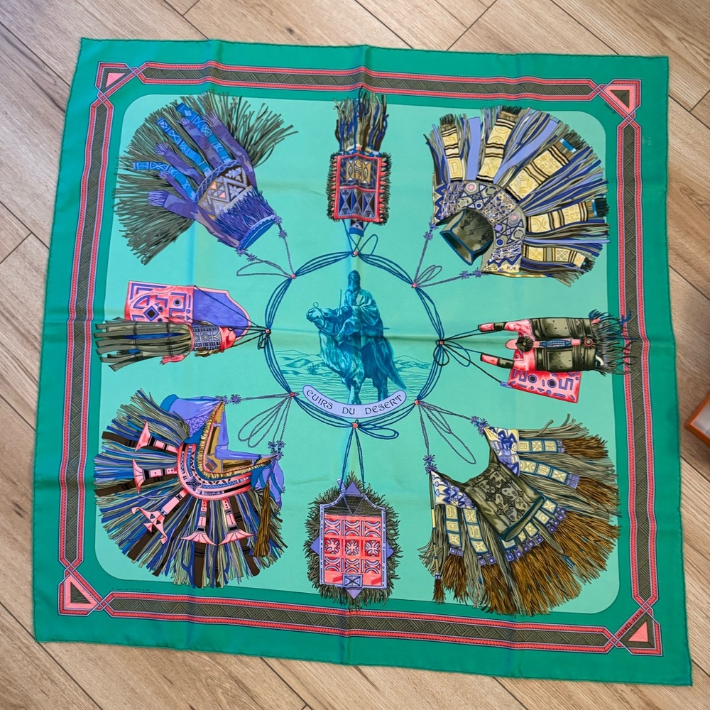 Hermès Cuirs du Desert 90 Silk Scarf Turquoise w/ Box